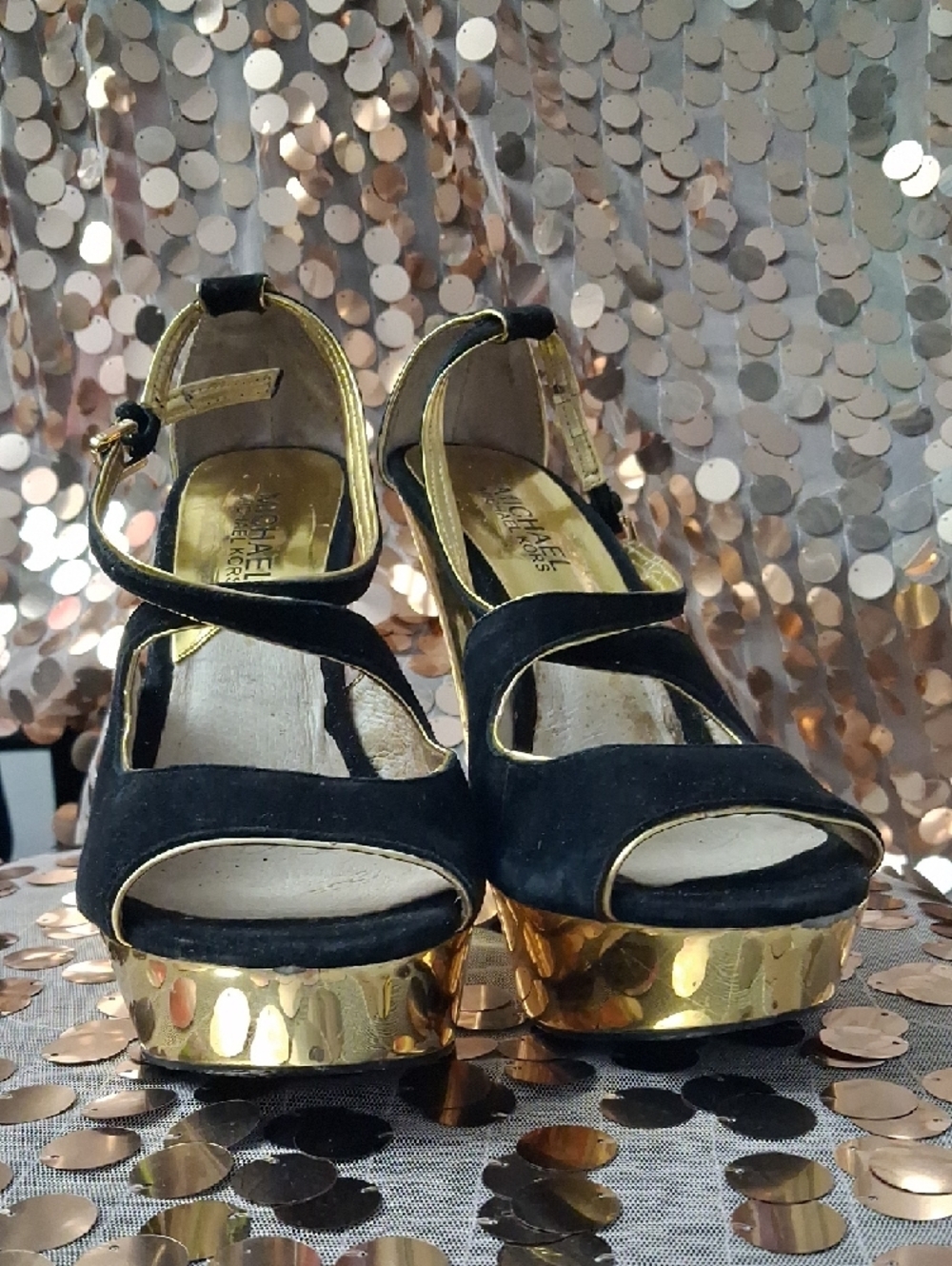 Michael Kors Black Suede and Gold Wedge Sandals - Picture 7 of 12